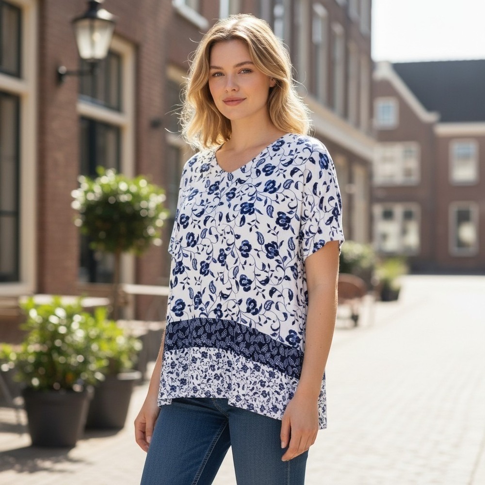 J. Jill Wearever Blue White Floral Tiered Tunic Womens 2X Short Sleeve Stretch